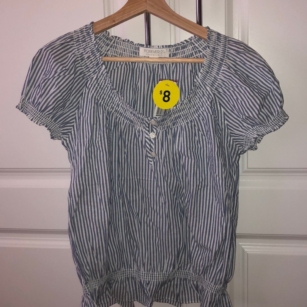 Ruffled blue and white striped shirt